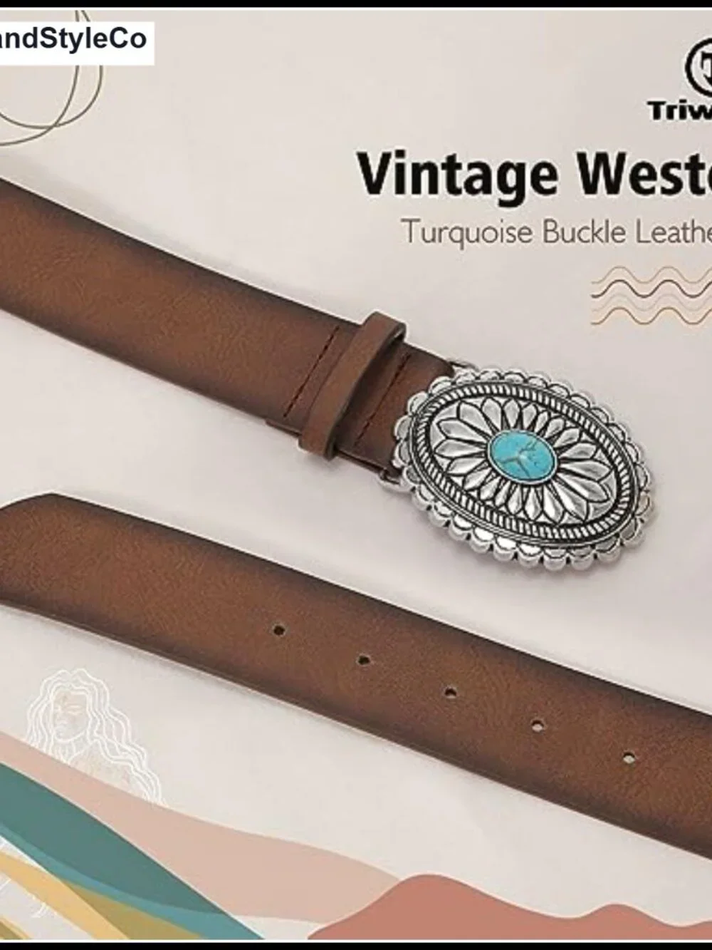 Western Faux Leather Belt Turquoise Oval Buckle Adjustable Vintage Cowgirl